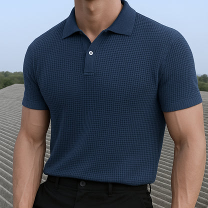 DAMON BLUE WAFFLE KNITTED POLO T-SHIRT for MEN- Old Money Textured Waffle Knitted Polo T-shirts 2025