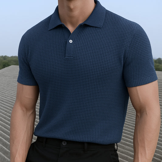 DAMON BLUE WAFFLE KNITTED POLO T-SHIRT for MEN- Old Money Textured Waffle Knitted Polo T-shirts 2025