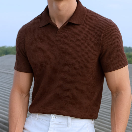 BROWN WAFFLE KNITTED POLO T-SHIRT for MEN- Old Money Textured Waffle Knitted Polo T-shirts 2025