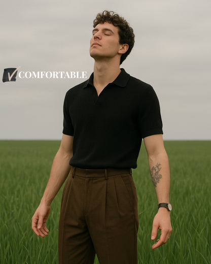 Black Waffle knitted Polo — The Old Money Summer Essential