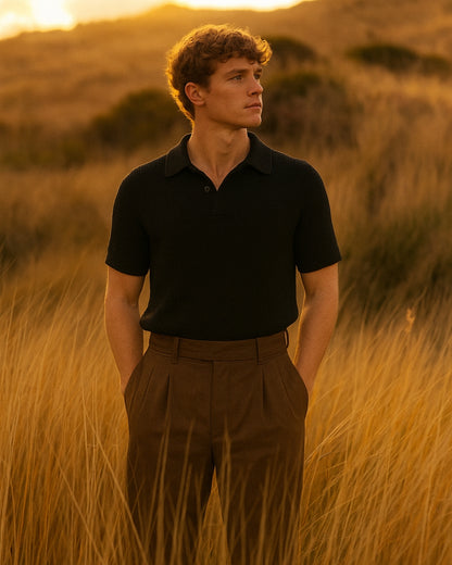 Black Waffle knitted Polo — The Old Money Summer Essential