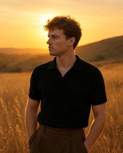 Black Waffle knitted Polo — The Old Money Summer Essential