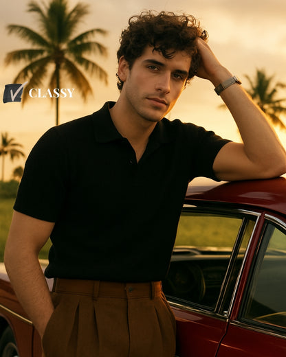 Black Waffle knitted Polo — The Old Money Summer Essential