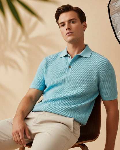 SkyBlue Waffle Polo — Light, Refined, Effortless